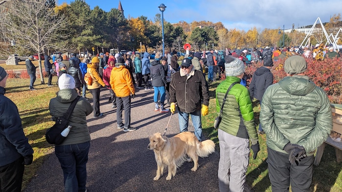 Une foule rassemblée dans un parc.