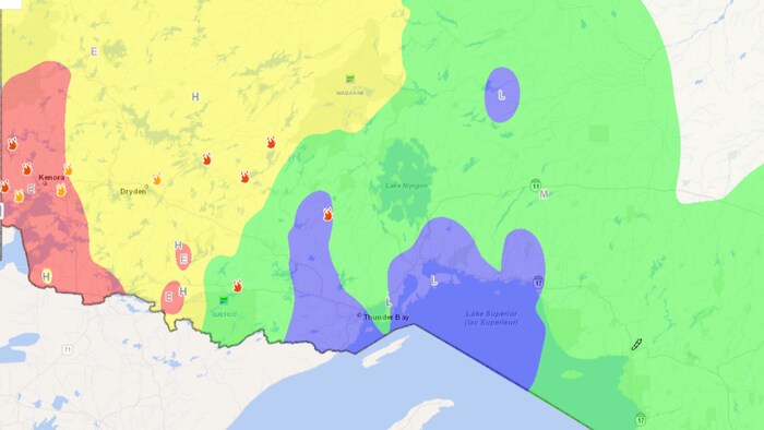 Une carte d’information du ministère des Richesses naturelles sur les feux de forêt dans l’Ouest de l’Ontario.