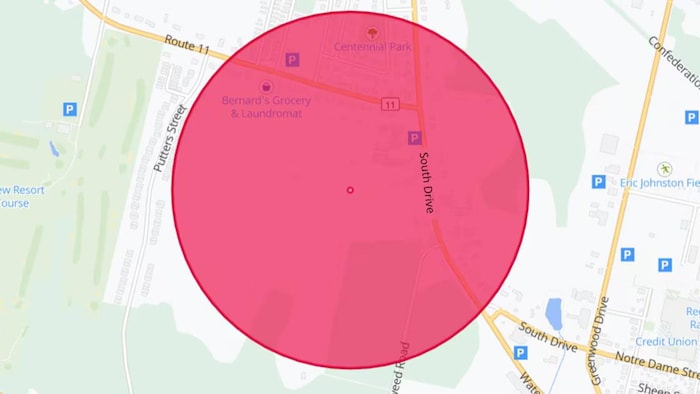Une carte de Summerside avec un cercle rouge indiquant la zone touchée.