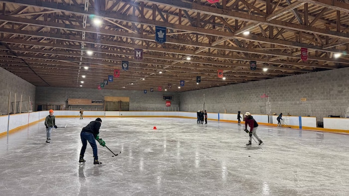Des patineurs jouent au hockey sur la glace.