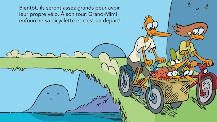 La page d'un livre sur laquelle on peut lire : Bientôt, ils seront assez grands pour avoir
leur propre vélo. À son tour, Grand-Mimi enfourche sa bicyclette et c’est un départ!