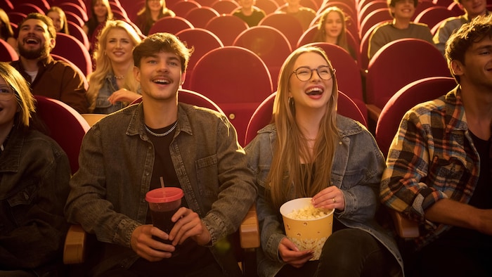 Des jeunes adultes qui regardent un film au cinéma.