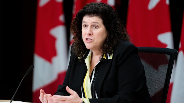 Une femme parle assise derrière une table en conférence de presse. En arrière-plan : des drapeaux du Canada.