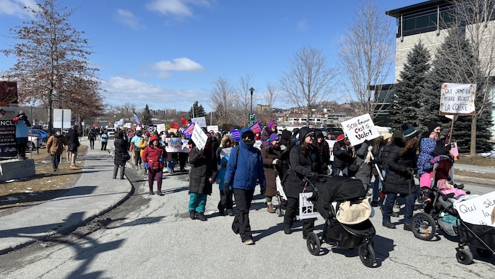 Des personnes qui marchent avec des pancartes.
