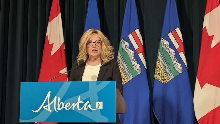 Marilyn Dennis parle à un podium devant une rangée de drapeaux canadiens et albertains lors d'une conférence de presse à Calgary le 30 juin 2025.