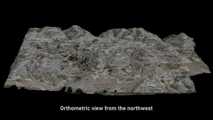 Modélisation en trois dimensions d'une section du parc provincial Dinosaur. Le modèle montre les différentes vallées et collines de ce paysage de Badlands.