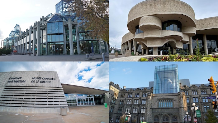 Photo montage of the Canada where celebrate canada's day national Museum of Fine Arts, the Canadian History Museum, the Canadian War Museum and the Canadian Museum of Nature.