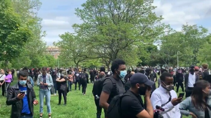Des dizaines de personnes masquées se rassemblent dans un parc