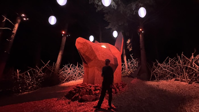 Une sculpture d'une tête de loup illuminée dans une forêt.
