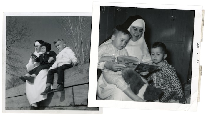Des photos d'archives où l'on voit deux jeunes garçons assis aux côtés d'une femme religieuse.