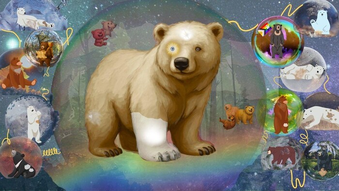 Un ours couleur gingembre est dessiné, entouré de petites bulles dans lesquelles se trouvent d'autres ours. Le tout est une création visuelle réalisée sur un fond bleu, mauve et gris, où l'on discerne des formes d'arbres et de feuilles.