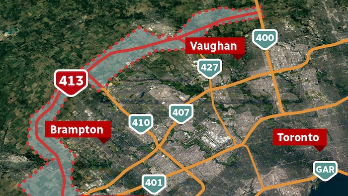 Carte des autoroutes du réseau 400 et du tracé prévu de l'autoroute 413.