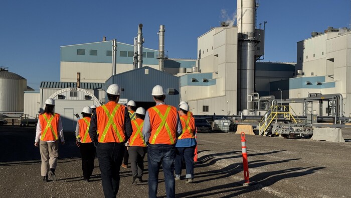Des personnes qui portent des casques et des vestes de sécurité marchent sur une route de gravier devant une grande usine. 