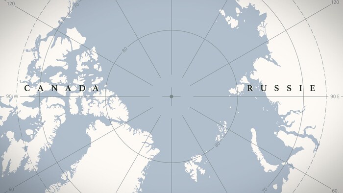 Une carte sur laquelle apparaissent le pôle Nord, le Canada et la Russie.