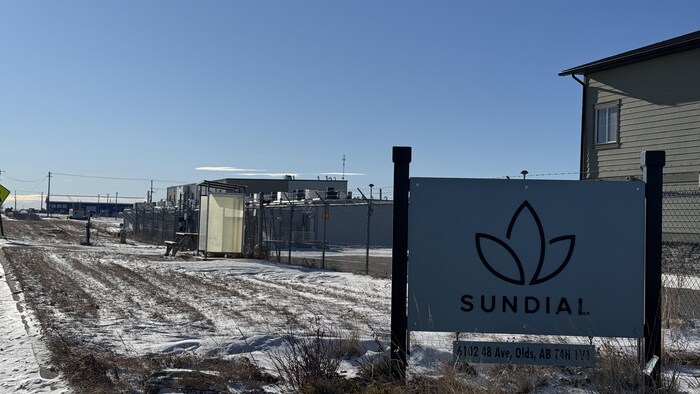 Un panneau au bord de la route indique le nom de l'entreprise Sundial avec un logo de plante. À l'arrière, on aperçoit des bâtiments de type industriel. 