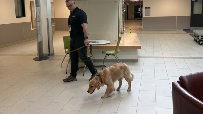 Un maître et son chien dans l'entrée d'un immeuble.
