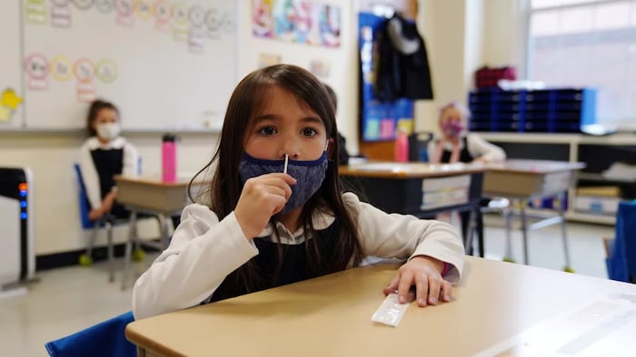 Une écolière met un écouvillon dans sa narine.