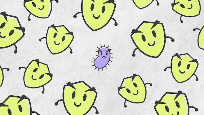Illustration de petits boucliers qui entourent une bactérie.