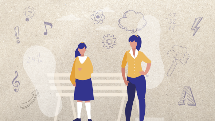 Illustration de deux filles debout entourées de symboles représentant des sujets scientifiques et musicaux.