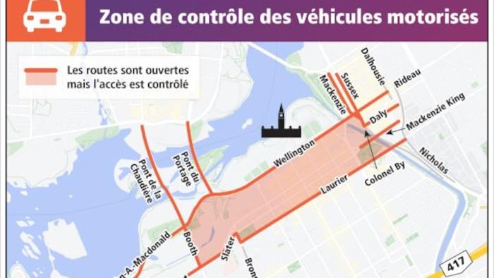 Mapa de los controles de tráfico y de las zonas prohibidas en el centro de Ottawa
