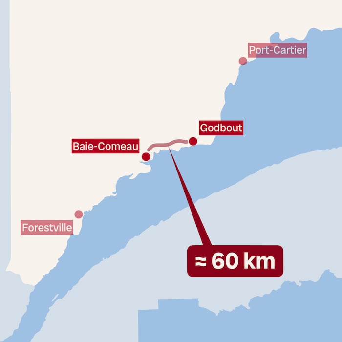 Carte qui indique la distance entre Baie-Comeau et Godbout (environ 60 km).