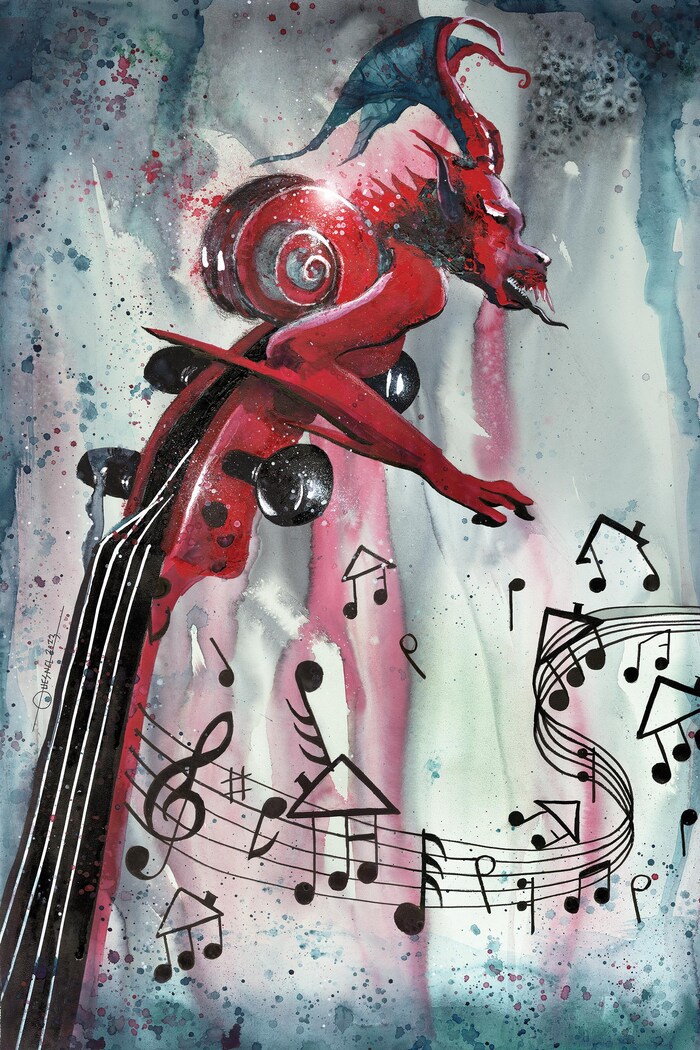 Une oeuvre de Christian Quesnel qui démontre un violon qui se transforme en démon.