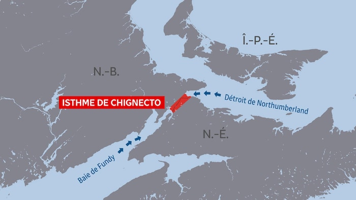 Une carte indique que l'isthme de Chignecto est situé entre les provinces de la Nouvelle-Écosse et du Nouveau-Brunswick.  À gauche de l'isthme, il y a la baie de Fundy et à droite, le détroit de Northumberland. 