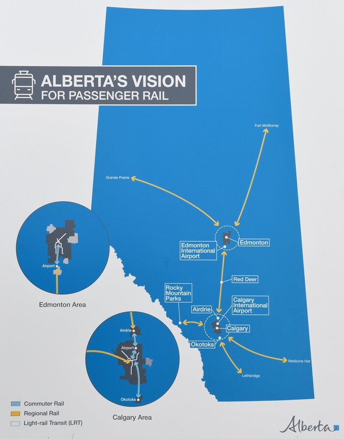 Carte de la province qui montre les différentes lignes ferrées envisagées : relier Calgary et Edmonton à leur aéroport respectif, à leurs communautés régionales environnantes, ainsi qu'au réseau de parcs des Rocheuses.
