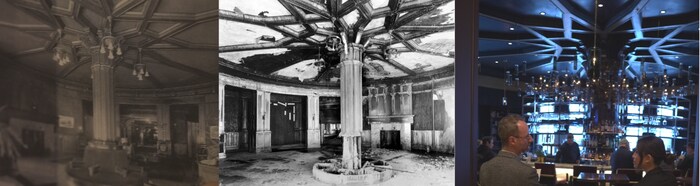 Trois photos de la même pièce avant et après l'incendie puis en 2026.