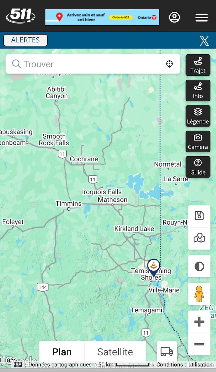 Capture d'écran du tract Ontario 511 où connected voit une carte des routes du Nord de l'Ontario.