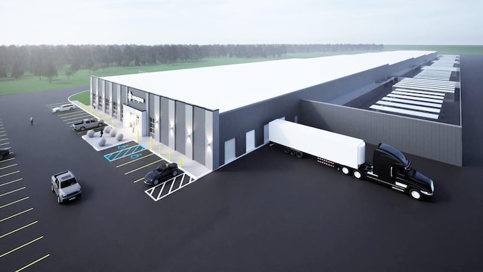 Dessin montrant un grand hangar avec des voitures et des camions.