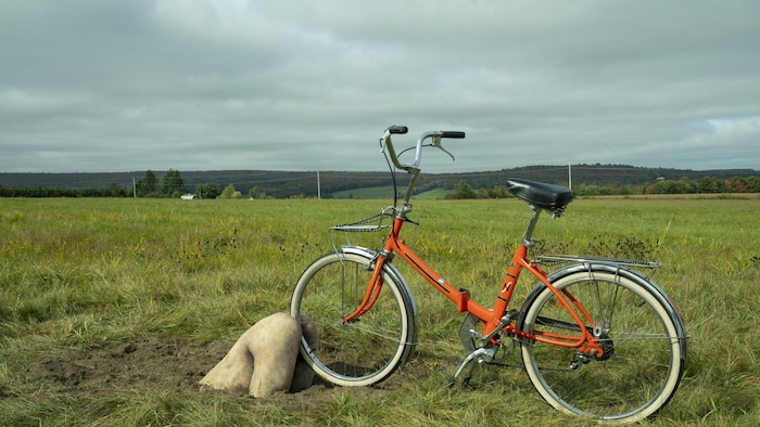 Un cadavre est à demi enterré, les fesses élevées au-dessus du sol avec la roue avant d'un vélo enfoncée dedans.