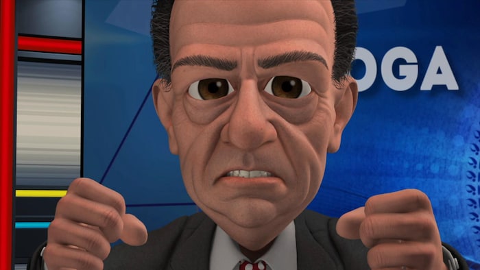 Le personnage animé de Jean-Luc Mongrain fronce les sourcils et serre les dents.