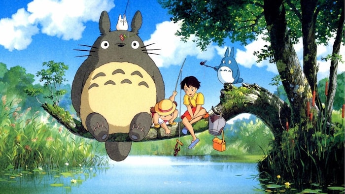Une representation de dessin animé montrant deux petites filles et deux monstres poilus assis sur une branche et pêchant.