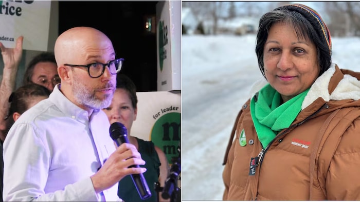 Deux portraits côte à côte des candidats à la direction du Parti vert, Mike Morrice et Nira Dookeran.