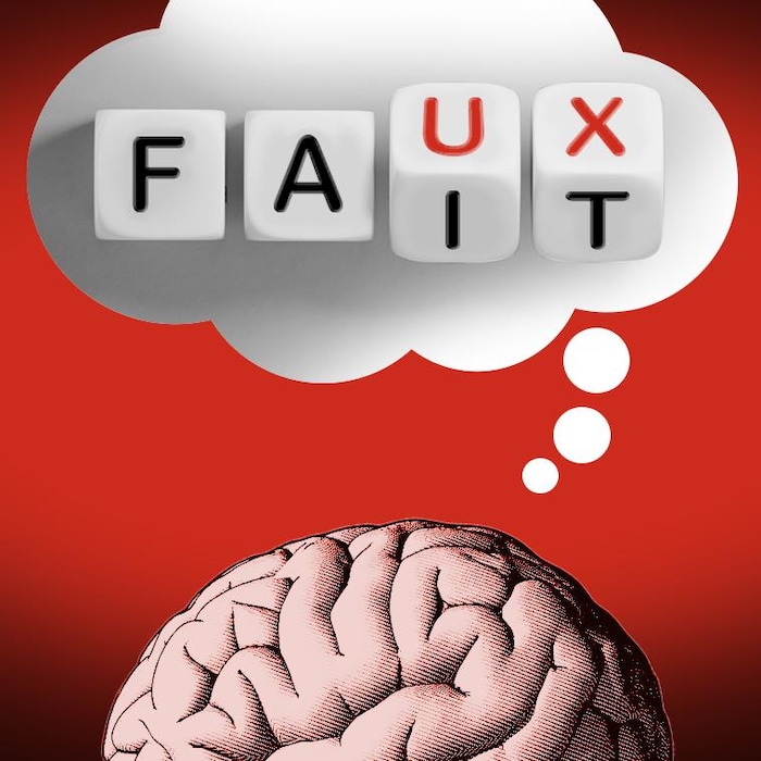 Un cerveau d’où émane un phylactère contenant quatre dés ou les lettres du mot « fait » se transforment en le mot « faux ».