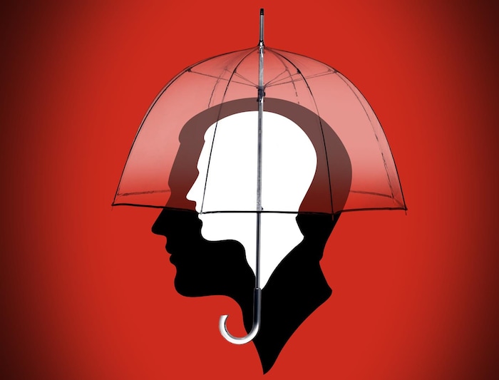 Deux silhouettes de têtes humaines identiques superposées à l'intérieur d'un parapluie.