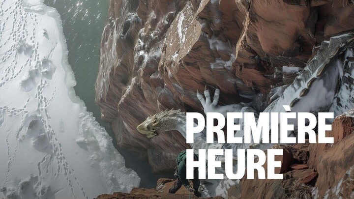 Un grimpeur sur une falaise. Derrière, un immense dragon sculpté fait face à la banquise, des dizaines de mètres plus bas.