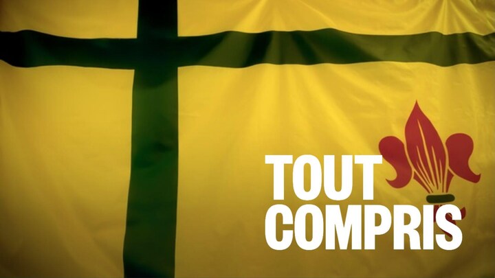 Le drapeau fransaskois qui est de couleur jaune avec une croix verte dans le haut du coin gauche et une fleur de lys rouge dans le bas du coin droit.