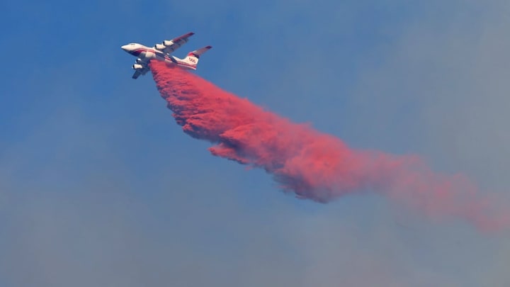 Un avion-citerne lâche un agent ignifuge sur un feu de forêt près de Squamish, le 10 juin 2025.