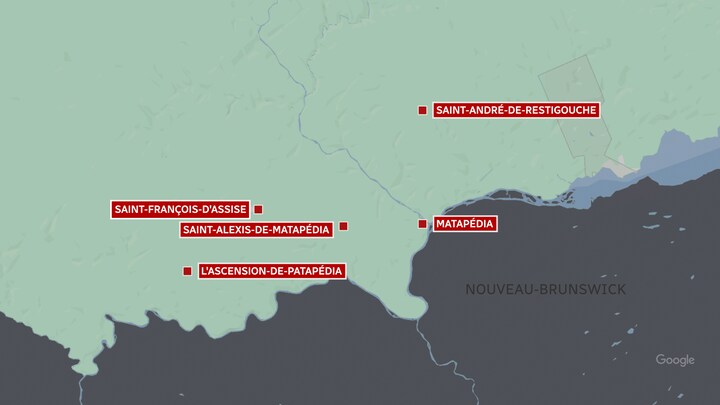 Une carte du sud de la Gaspésie qui localise Matapédia, Saint-François-d'Assise, l'Ascension-de-Patapédia, Saint-Alexis-de-Matapédia et Saint-André-de-Restigouche.