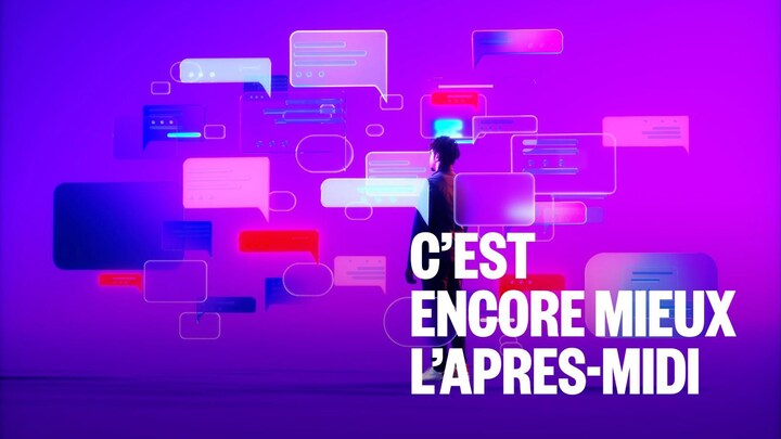 Un homme, que l'on aperçoit de dos, se trouve au milieu d'icônes de messagerie texte, comme un peu perdu au centre de nombreuses bulles de conversation.