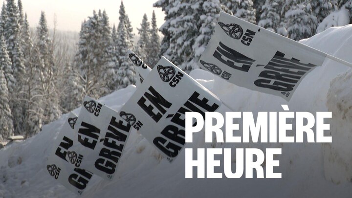 Des drapeaux de grève plantés dans la neige.