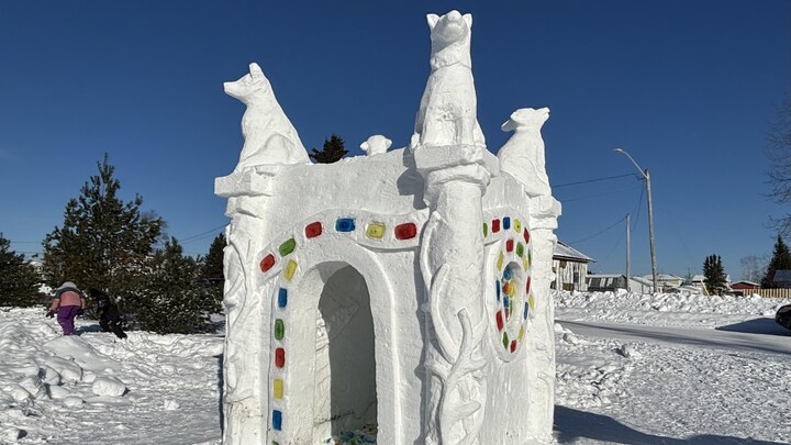Une sculpture de glace, représentant une maison, surveille par quatre chiens.