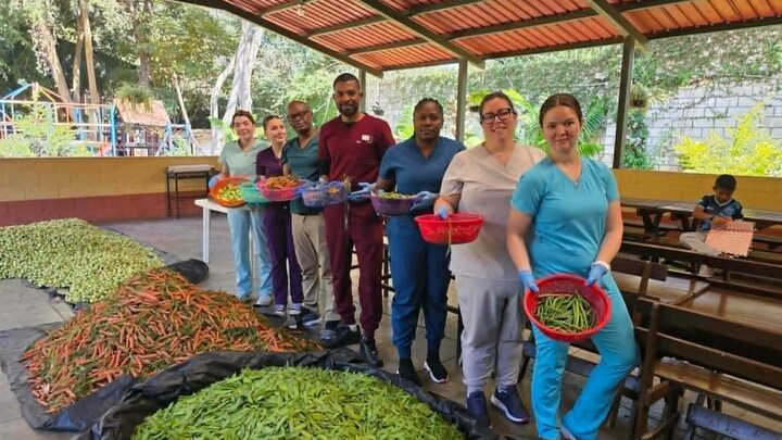 Des infirmiers et infirmières auxiliaires montrent des légumes au Guatemala.