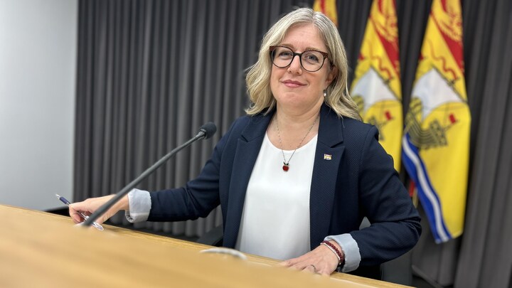 Une photo de Susan Holt lors d'une annonce gouvernementale à Fredericton.