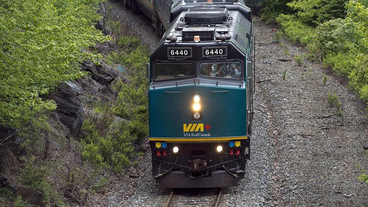Un train de VIA Rail en mouvement à travers une zone boisée.