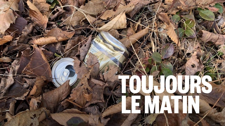 Une canette usagée est au sol au milieu des feuilles mortes