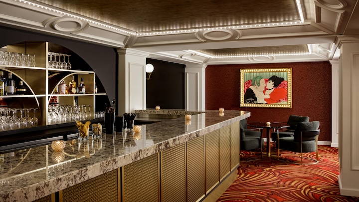 On peut voir des fauteuils et le bar ainsi qu'un tapis de couleur brune.