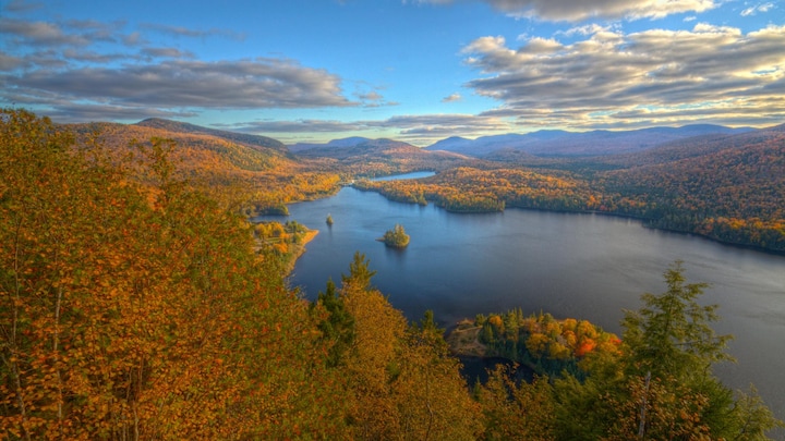 Paysage d'une forêt rouge et orangée entourant un lac.